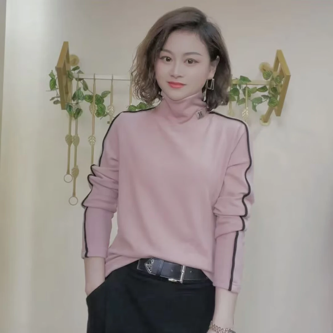 秋冬时尚拼接保暖半高领气质显瘦轻奢双面德绒上衣打底衫女新款