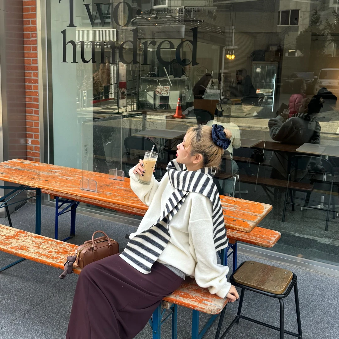 ANNAMOOER · 设计师品牌黑白条纹羊毛围巾百搭休闲 AM63SS01