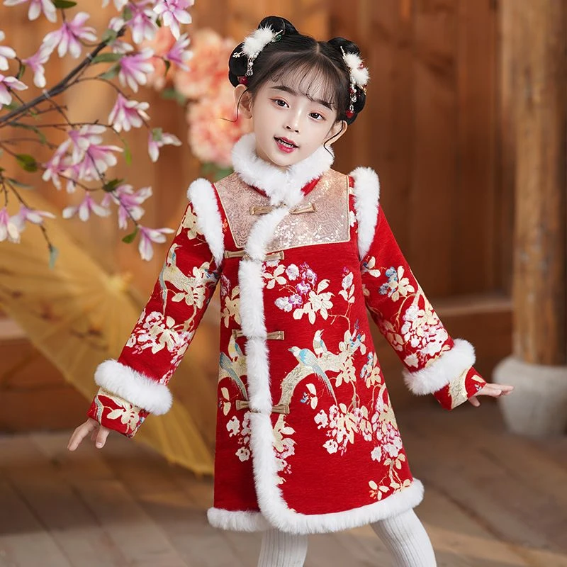 2023时尚女宝冬季加绒裙子女童拜年服冬款女孩加厚过年旗袍儿童唐