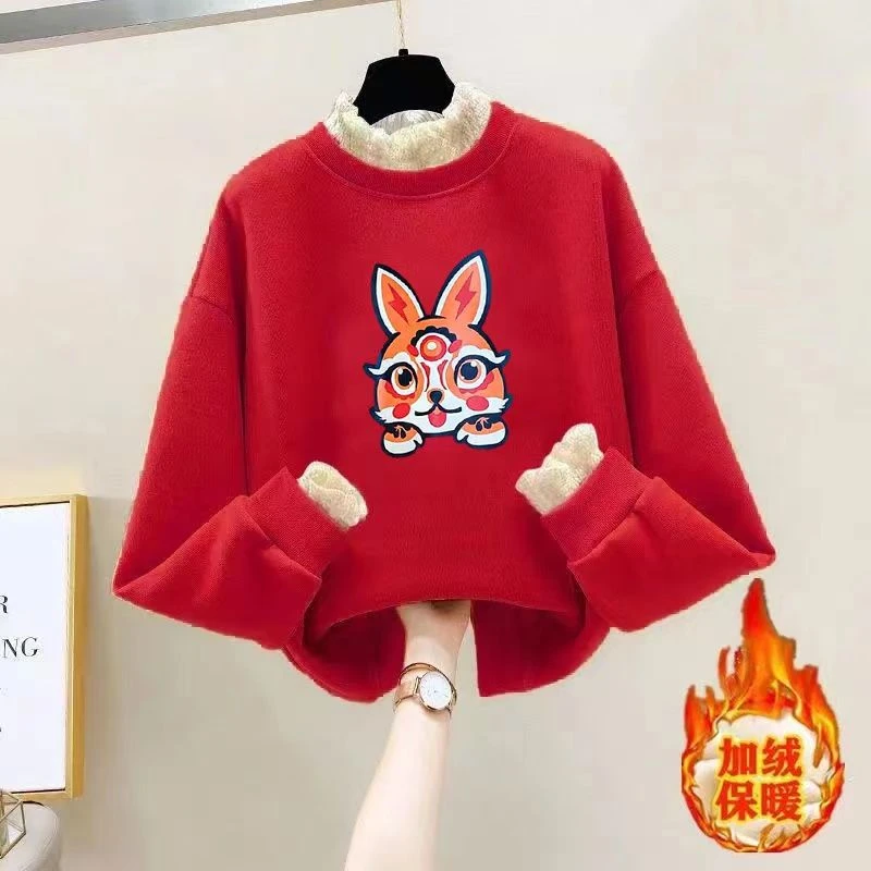 新款女童加绒卫衣冬装2023新款儿童中大童加厚保暖上衣女孩红色