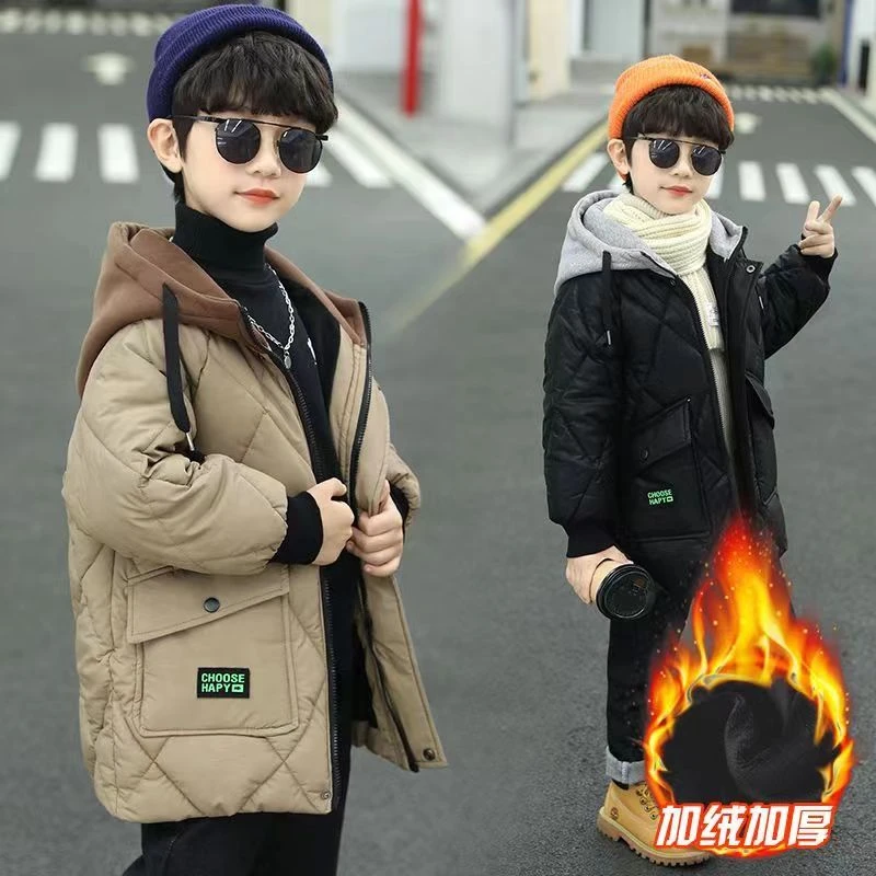 2023新款男童加厚棉服中长款加绒棉衣中大童假两件棉袄时尚外套潮