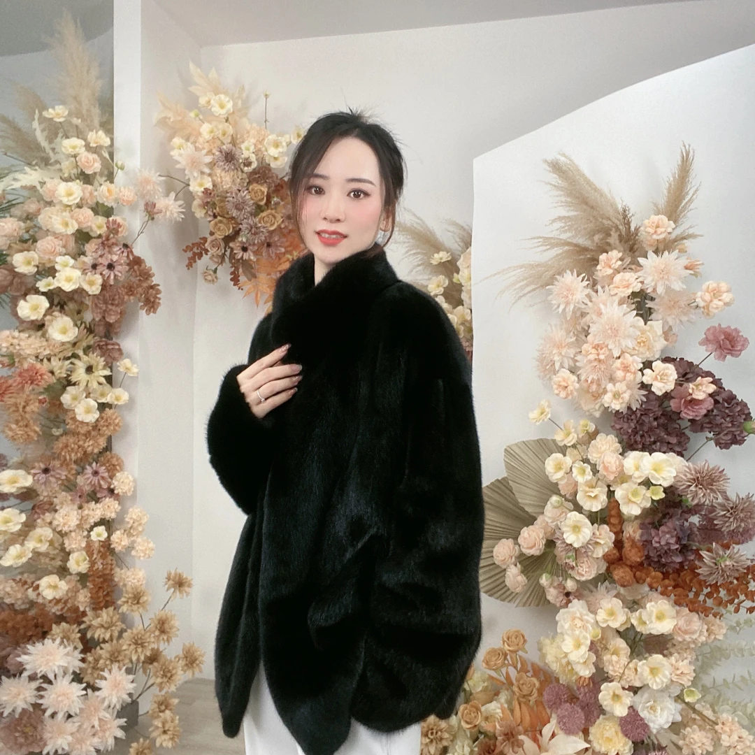 【影小姐】2023新款秋冬进口天鹅绒水貂立领皮草外套貂皮大衣女时尚