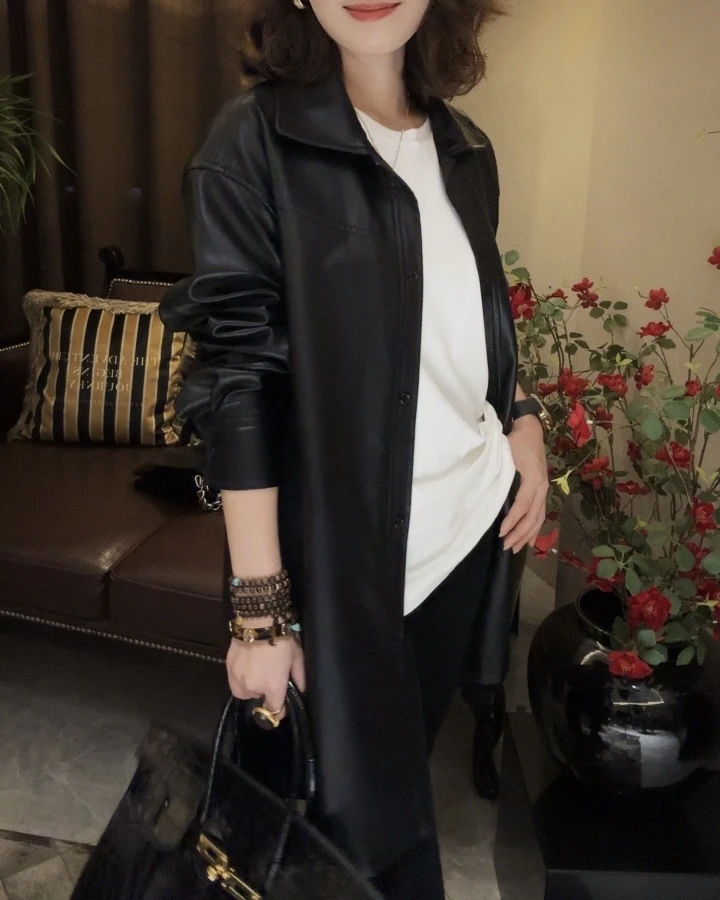 LMXPPJ【气质女神范皮衣】港风高级感pu皮翻领中长款皮衣外套MX636