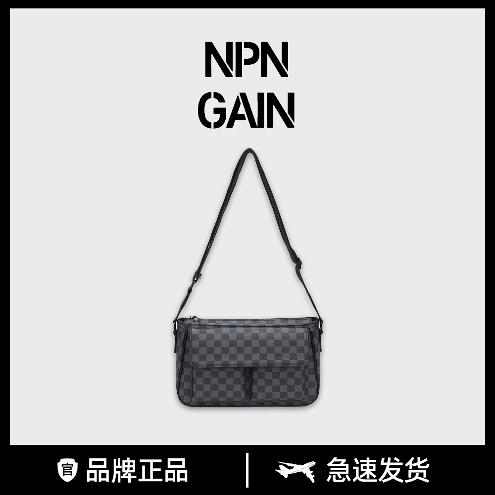 全新未使用 NPNGAIN 独立轻奢品牌 黑色棋盘格时尚男士单肩斜挎包