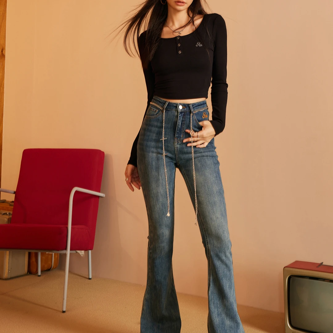 ACME AURA 暑期特惠修身宽松弹力黑色阔腿微喇叭牛仔百搭裤子