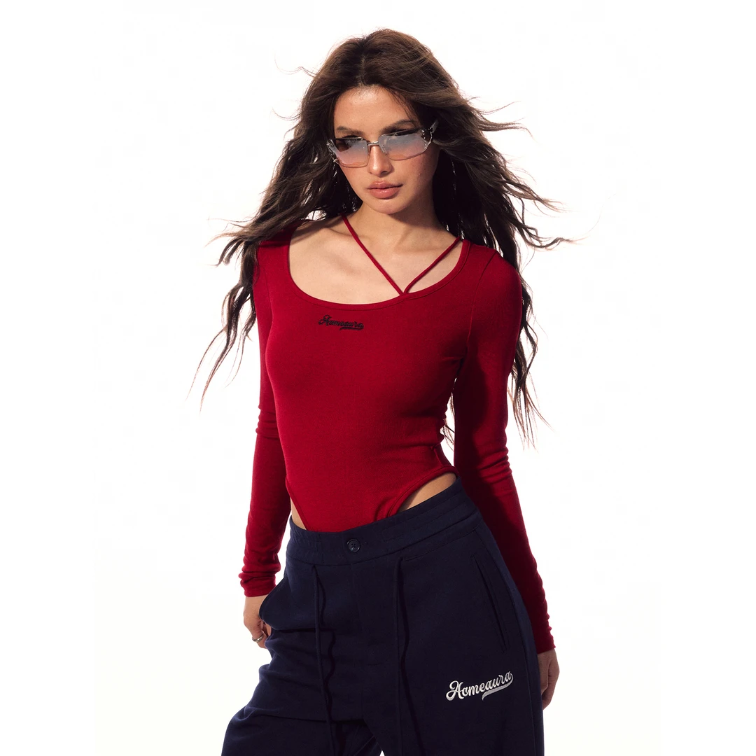 ACMEAURA甜酷辣妹设计感长袖修身方领连体衣