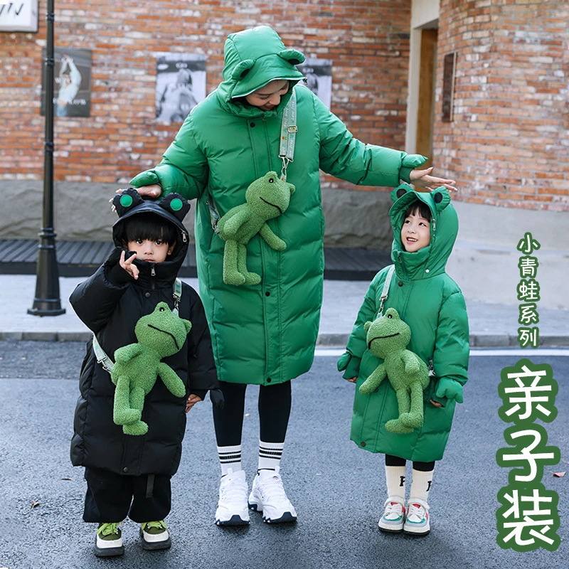 儿童羽绒服男童洋气青蛙女宝宝小童中长款冬装加厚白鸭绒16-12岁