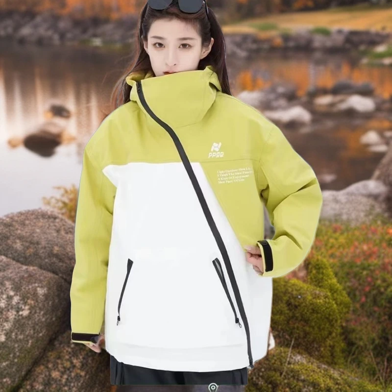 美式拼接斜拉链拼接撞色户外夹克外套防水冲锋衣运动时尚情侣防风