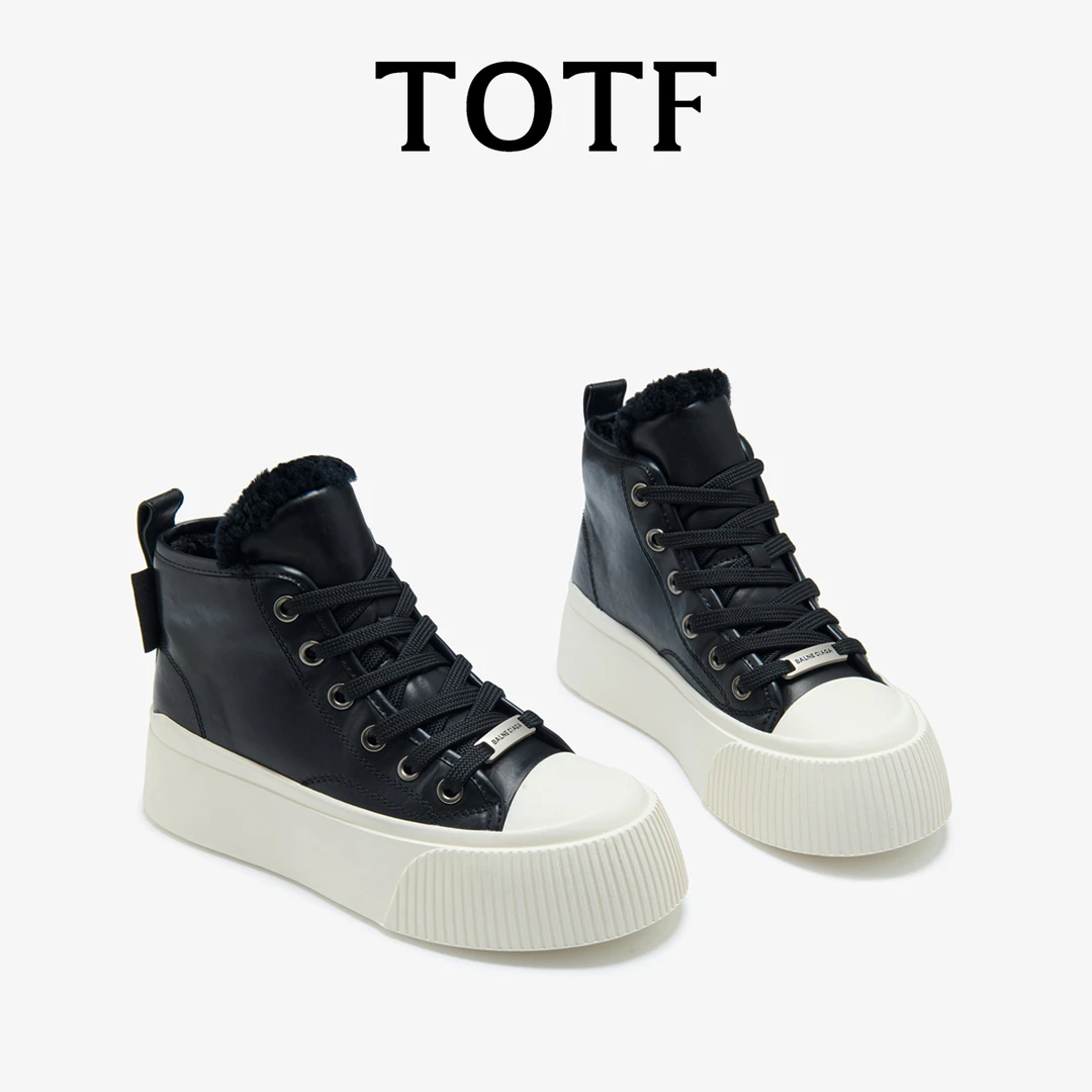 TOTF厚底百搭短靴2024秋冬新款真皮加绒舒适马丁靴系带时尚高帮鞋