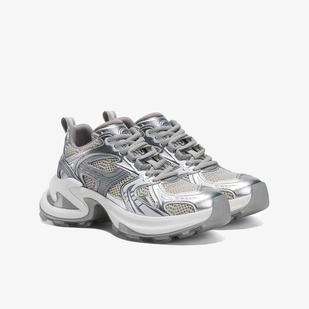 TOTF潮流百搭银色老爹鞋2024秋新款时尚透气网面厚底休闲运动鞋女