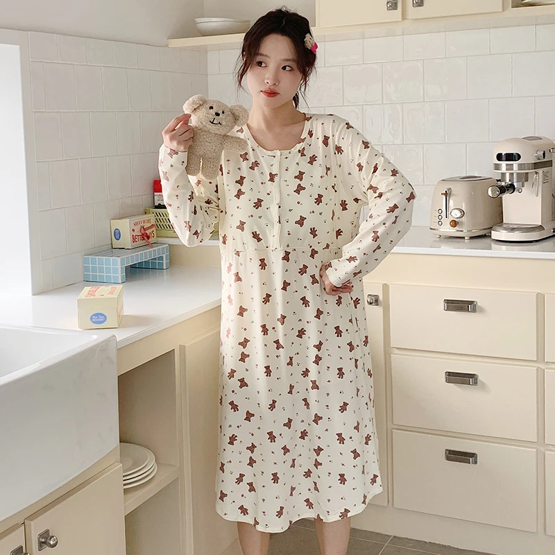 【带胸垫月子睡裙】纯棉孕妇睡衣喂奶加大哺乳产前产后家居孕妇睡袍