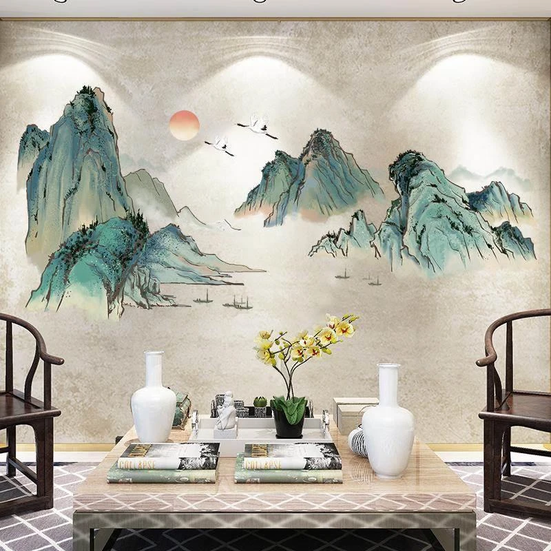 中国风山水风景画客厅装饰画电视背景墙贴画墙面贴纸墙纸壁纸自粘