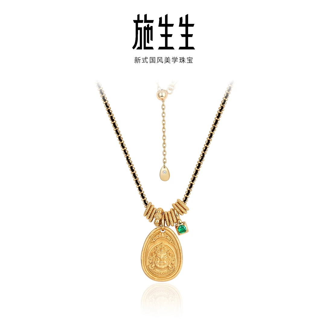 坠链均925银合成锆石 【施生生珠宝】金色古法黄财神项链026720