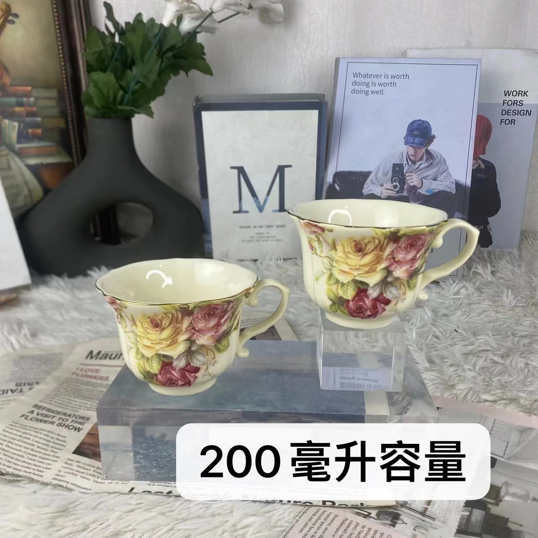 陶瓷欧式老镇玫瑰人工描金浮雕咖啡杯碟家用简约