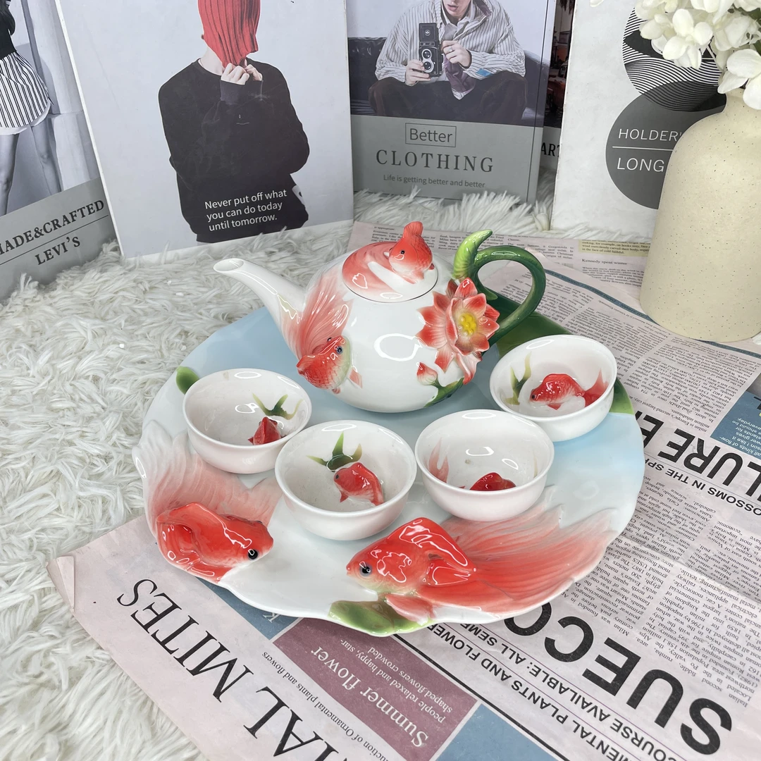 陶瓷手绘浮雕金鱼茶壶精致高端大气套装