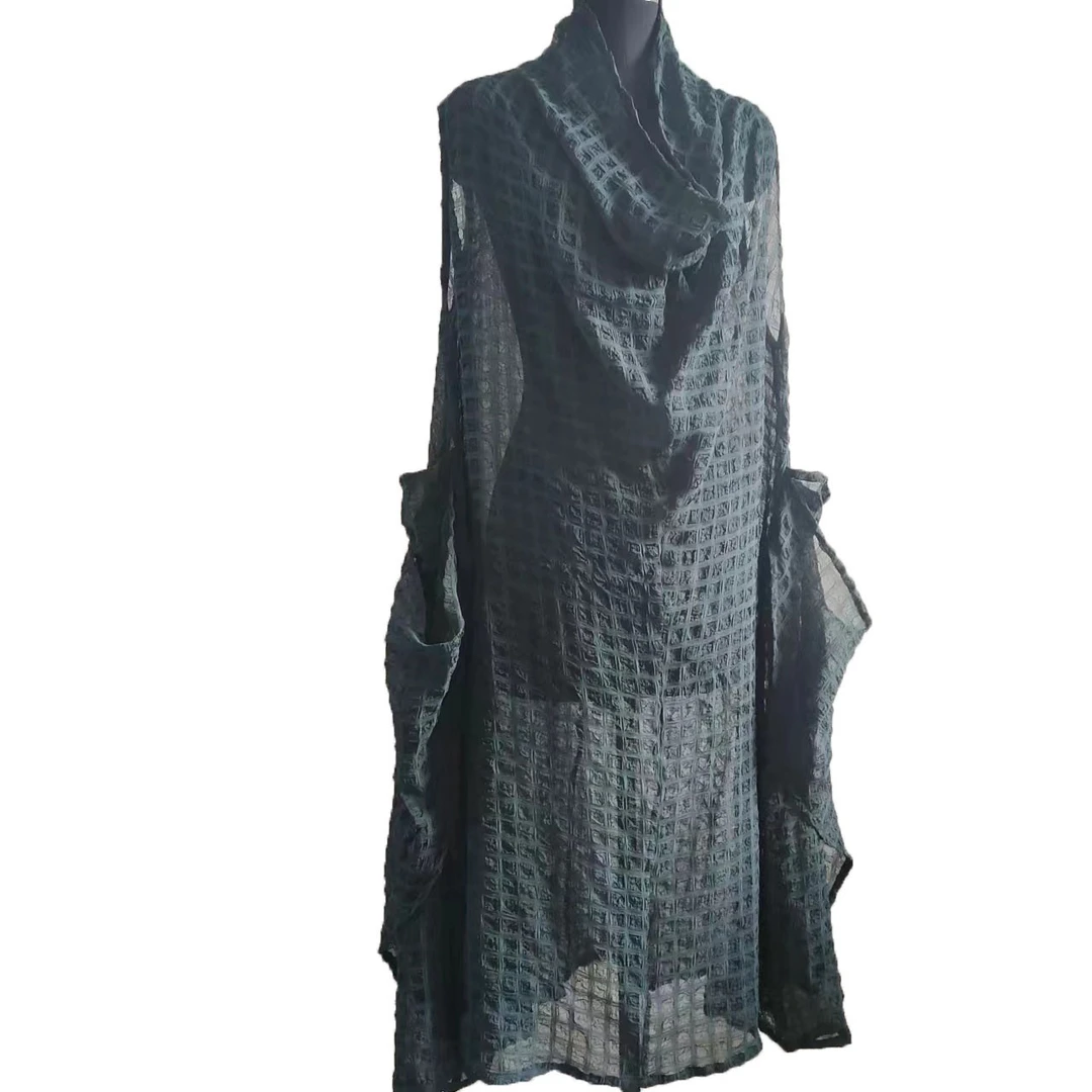 【大海轻奢】L23151新款墨绿色华夫格堆堆领时尚休闲连衣裙