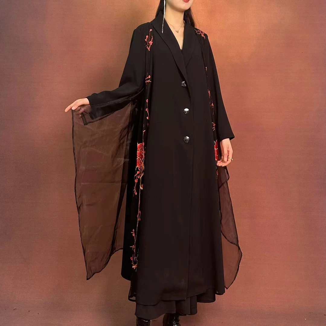 【大海轻奢】W24109新款黑色刺绣花拼纱设计师款时尚外披