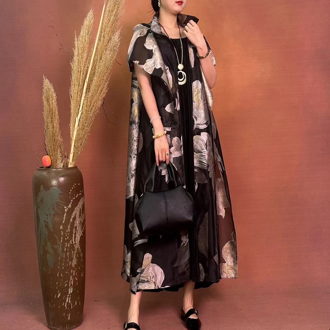 【大海轻奢】W1530新款粉金黑色兰花刺绣设计师款时尚帽兜款外披