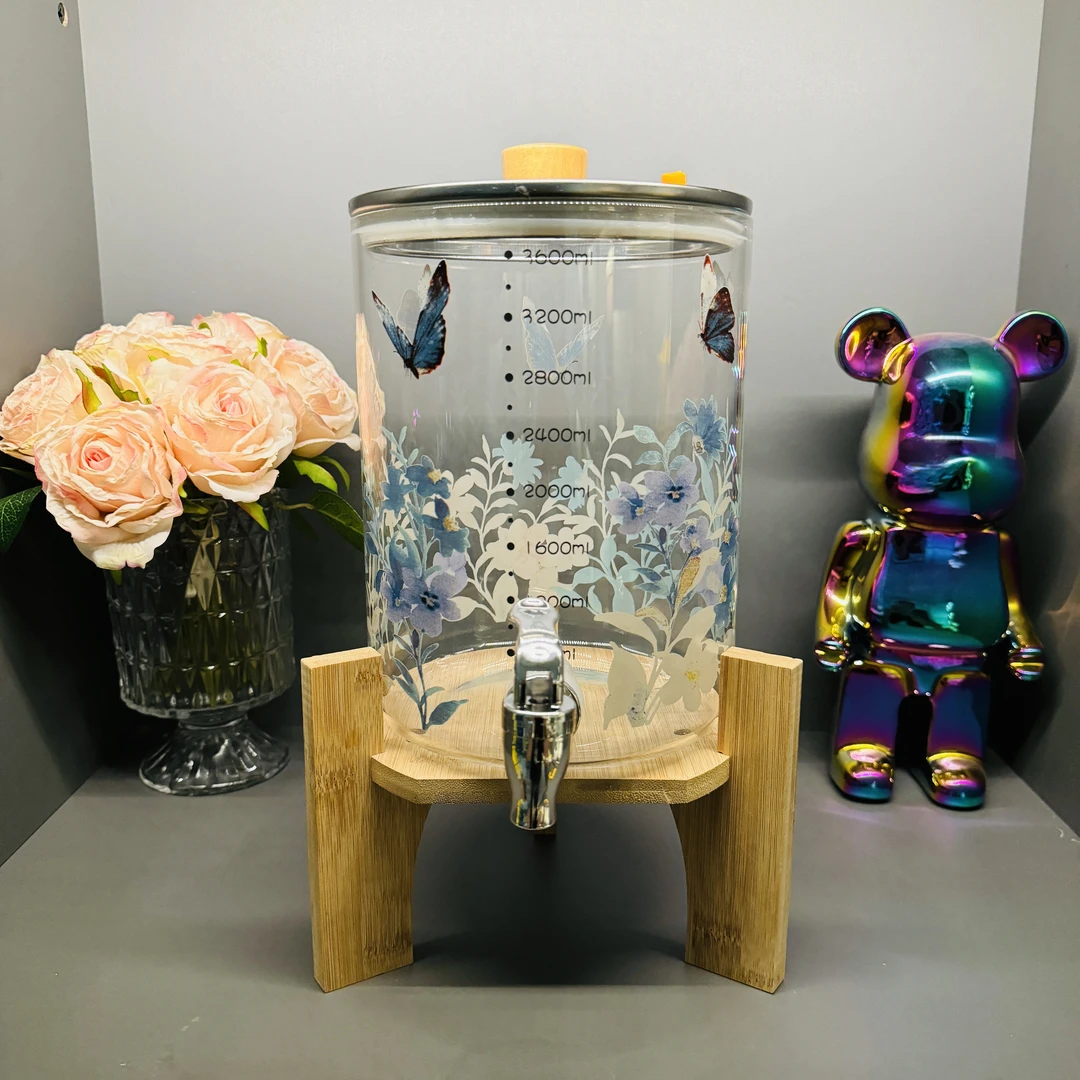 媚家蝴蝶花丛高硼硅玻璃果汁桶高颜值家用聚会3.6L大容量冰桶酒桶