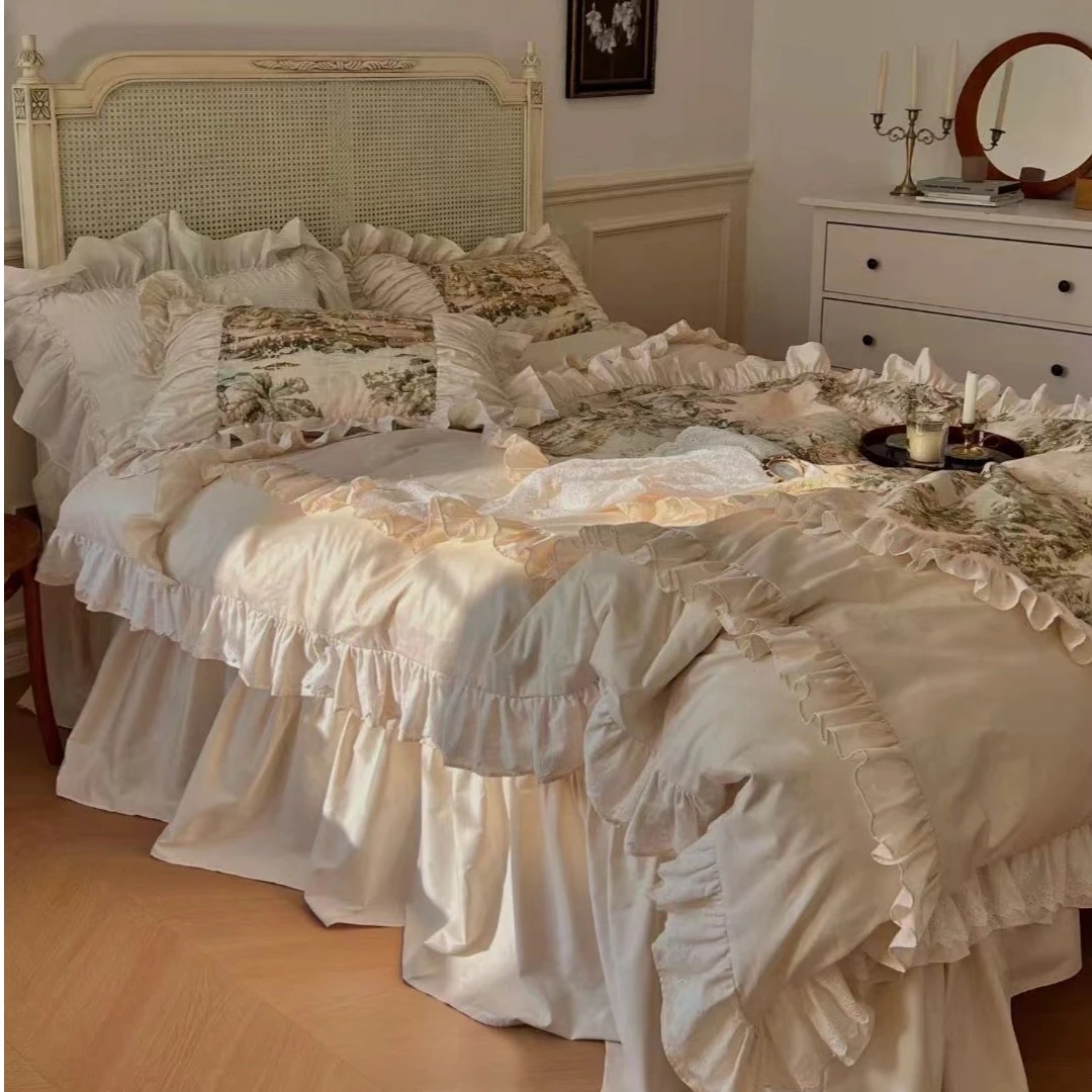 漫漫法式复古油画风全棉四件套工艺款镂空花边床裙荷叶边床品欧式