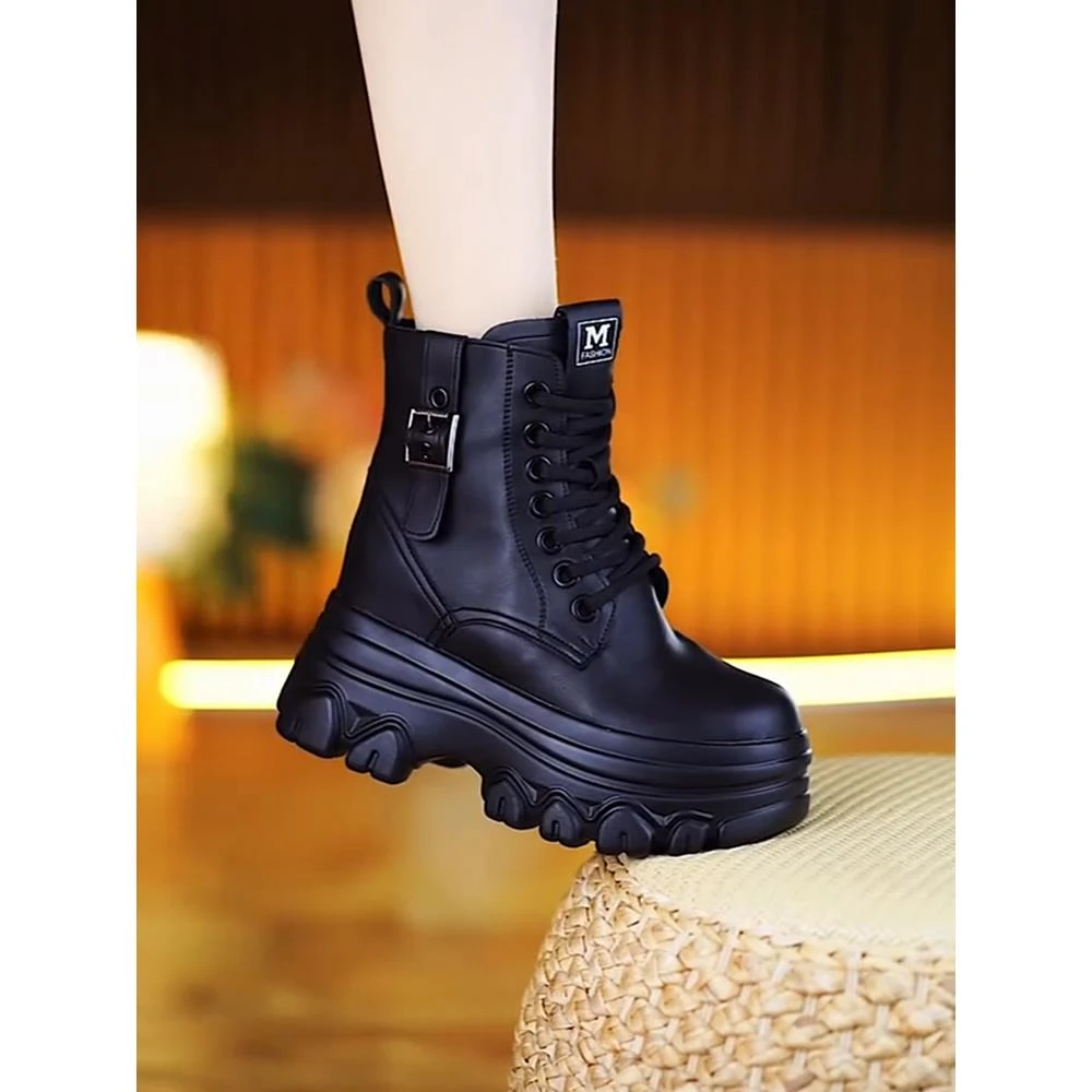 真皮8厘米短靴女厚底秋冬新款加绒靴子英伦风小个子内增高马丁靴