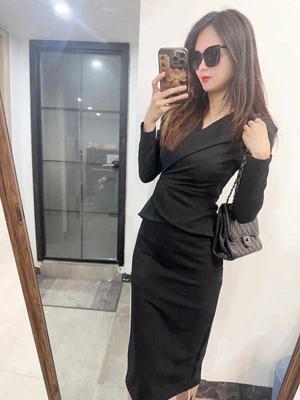 【晶灿专供】高档黑色长袖连衣裙2025春装新款遮肚显瘦修身包臀裙子