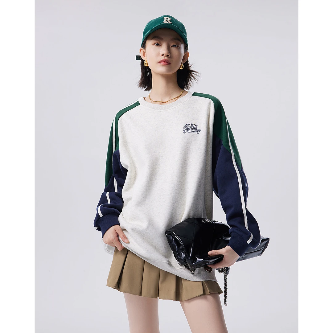 【初语女装】初语撞色圆领加绒卫衣女慵懒宽松男女同款上衣8434808