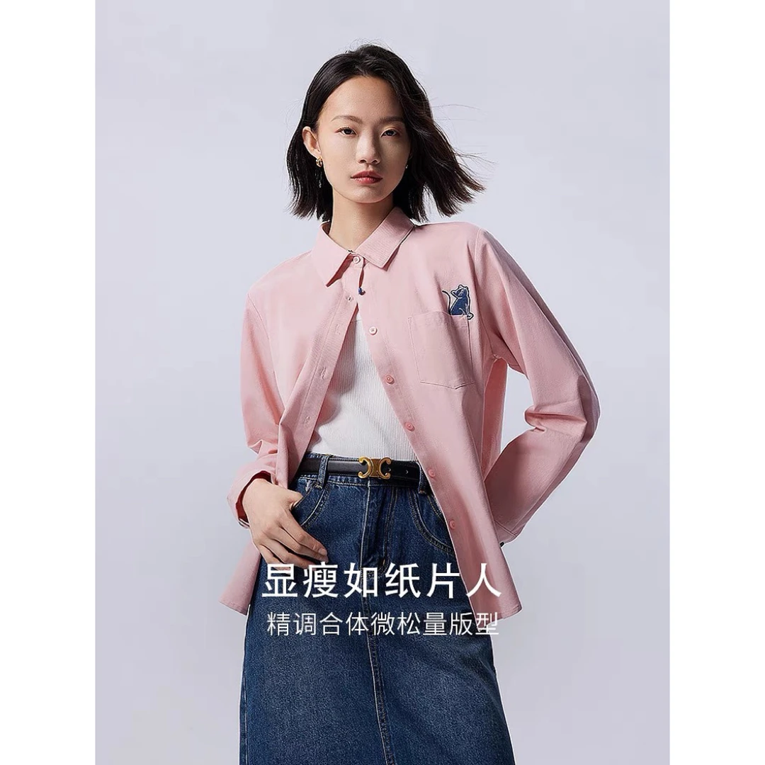 初语新疆棉猫咪刺绣文艺长袖衬衫8332008