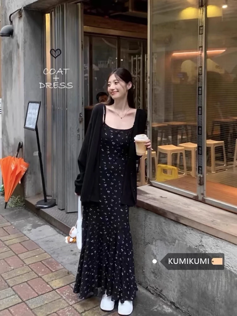 胖mm法式碎花吊带连衣裙高级感2025春季针织开衫外套两件套M