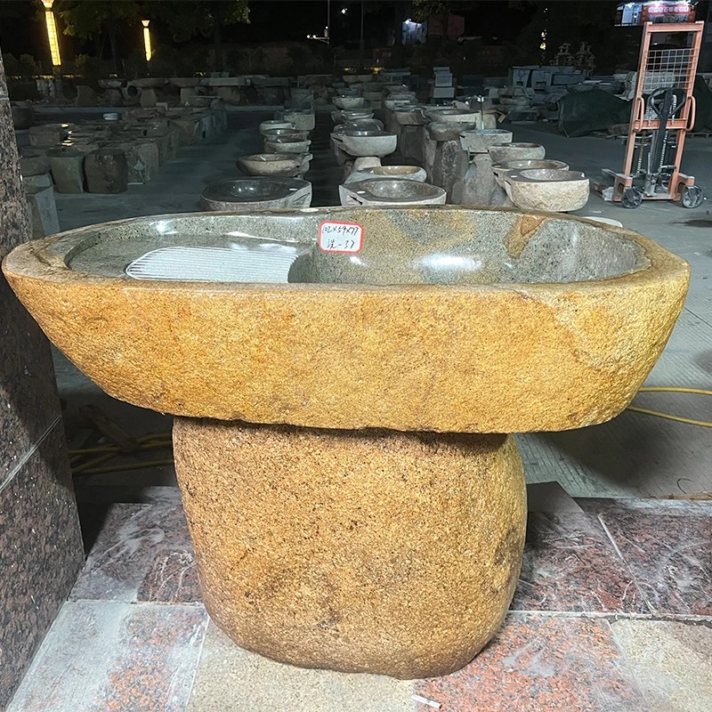 天然鹅卵石洗衣池复古石头洗手盆花园水池庭院一体洗衣槽带搓衣板