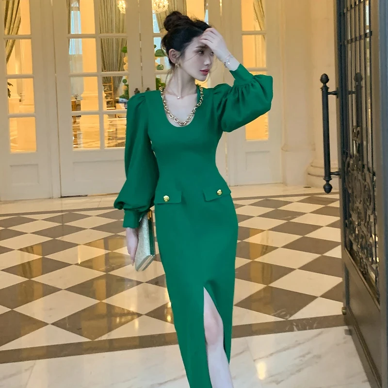 秋冬季小香风灯笼袖连衣裙高级感立体剪裁宫廷风奢华长裙不含项链