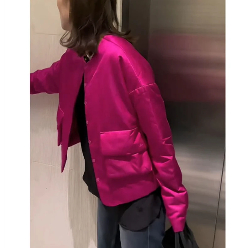 欧货2024新款今年流行高级感独特超好看小个子玫红色棉服外套女冬