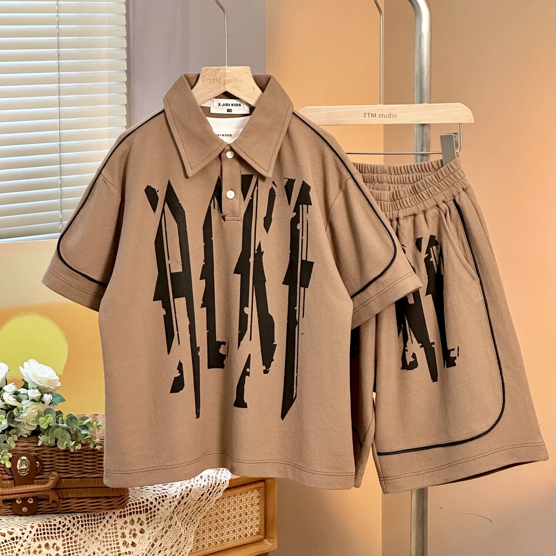 【2024160】男女童2024夏季酷帅撞色运动POLO衫短袖套装两件套