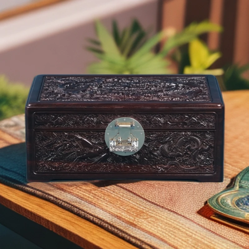 老挝红酸枝龙凤呈祥大号【面独板】满雕工珠宝箱嫁妆箱