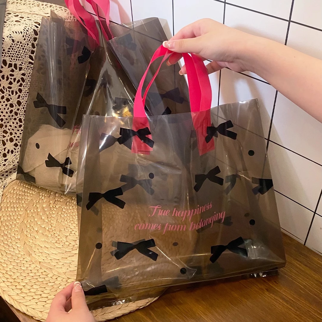 透明黑色蝴蝶结塑料袋服装店加厚手提袋礼品包装袋环保购物袋定制