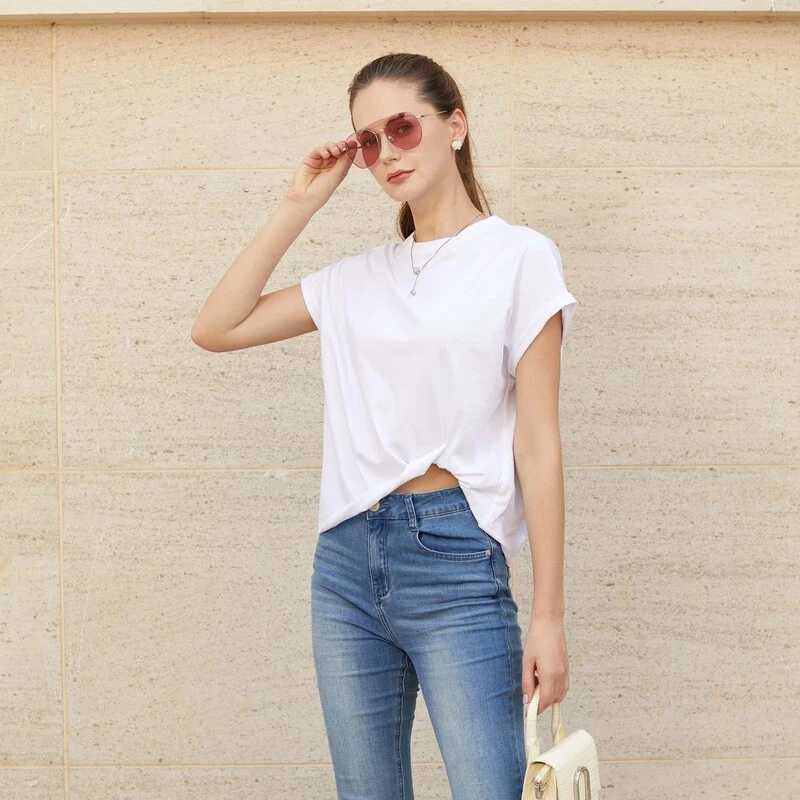 圣迪奥简约时尚夏季圆领褶皱休闲百搭透气不规则纯色T恤S232Z0116