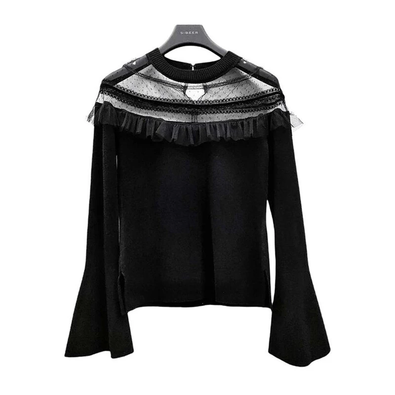 sdeer圣迪奥女装时尚百搭黑色罗纹圆领网纱喇叭袖针织衫S233D3507