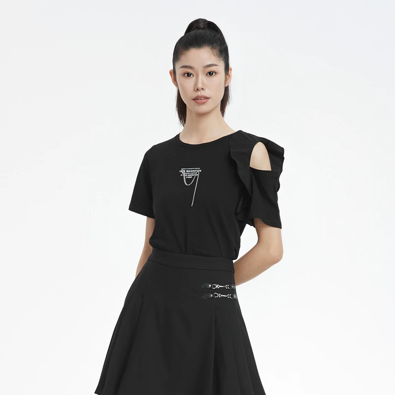 S·DEER圣迪奥女装夏季时尚不对称圆领字母印花短袖T恤S22280131