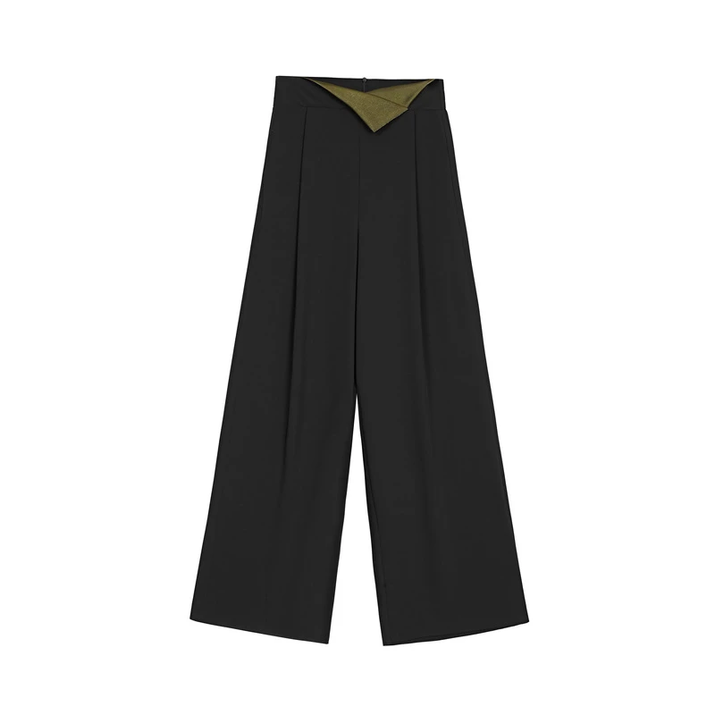 圣迪奥女装时尚气质黑色百搭高腰撞色压褶插袋阔腿长裤S23260805