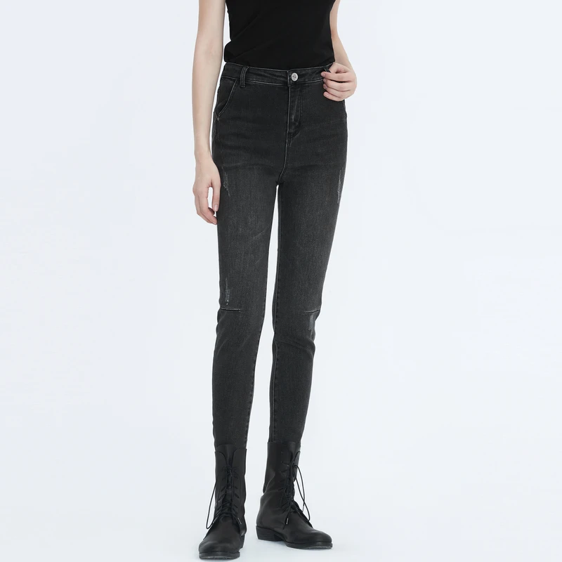 sdeer圣迪奥女装时尚个性显瘦破洞做旧铆钉牛仔九分裤S20480803