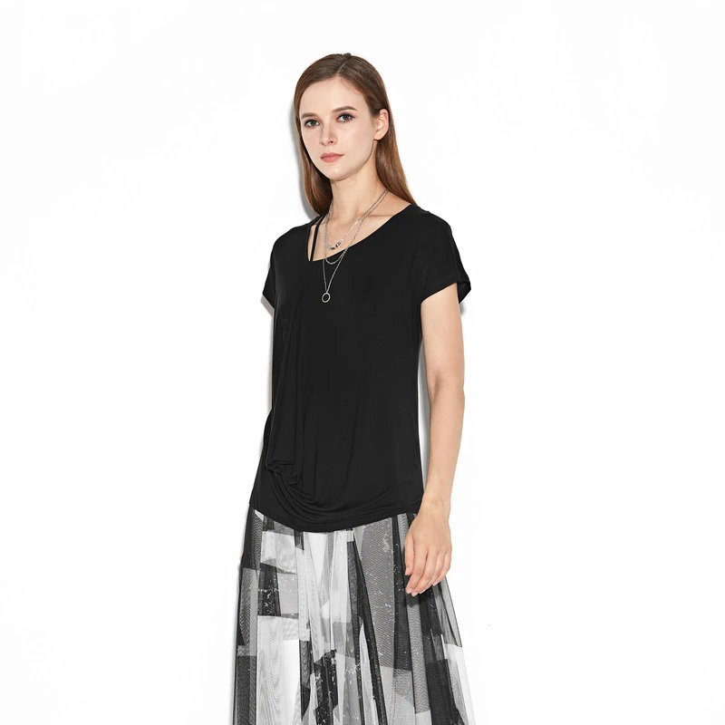 S·DEER圣迪奥时尚休闲百搭简约显瘦女装黑色短袖T恤S20280155