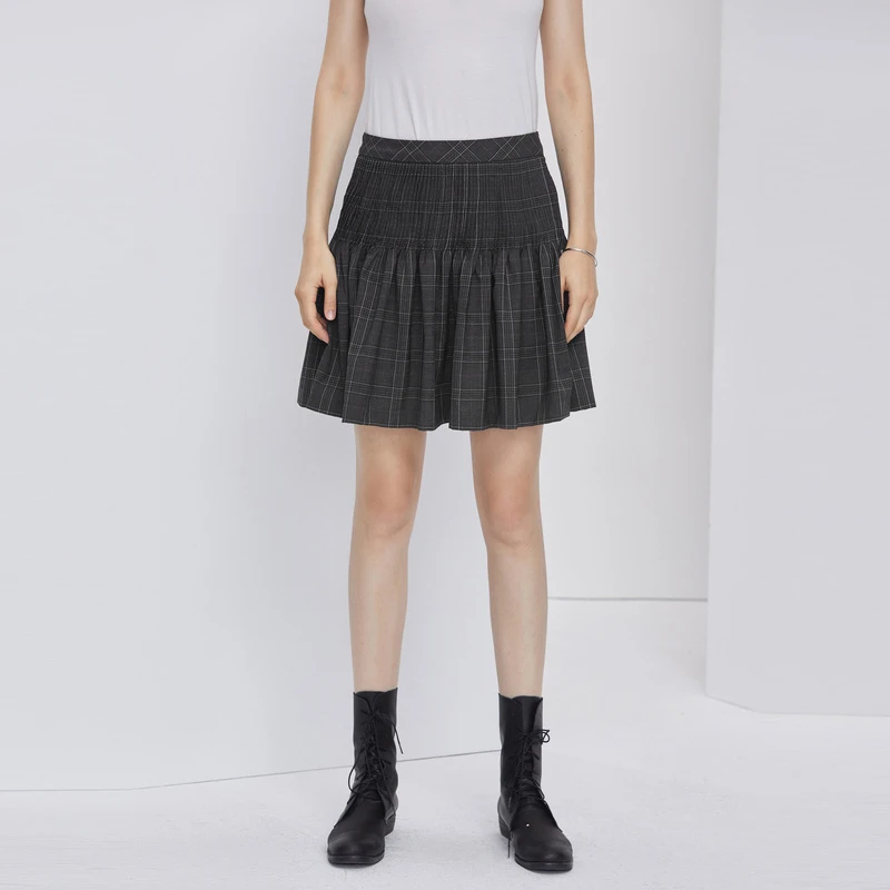 sdeer圣迪奥女装夏季时尚百搭学院风撞色格纹压褶短裙S21281307