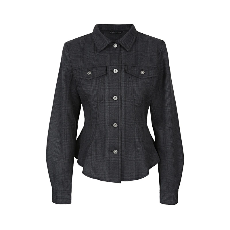 sdeer圣迪奥女装时尚休闲修身翻领撞色格纹不规则衬衫S21480507