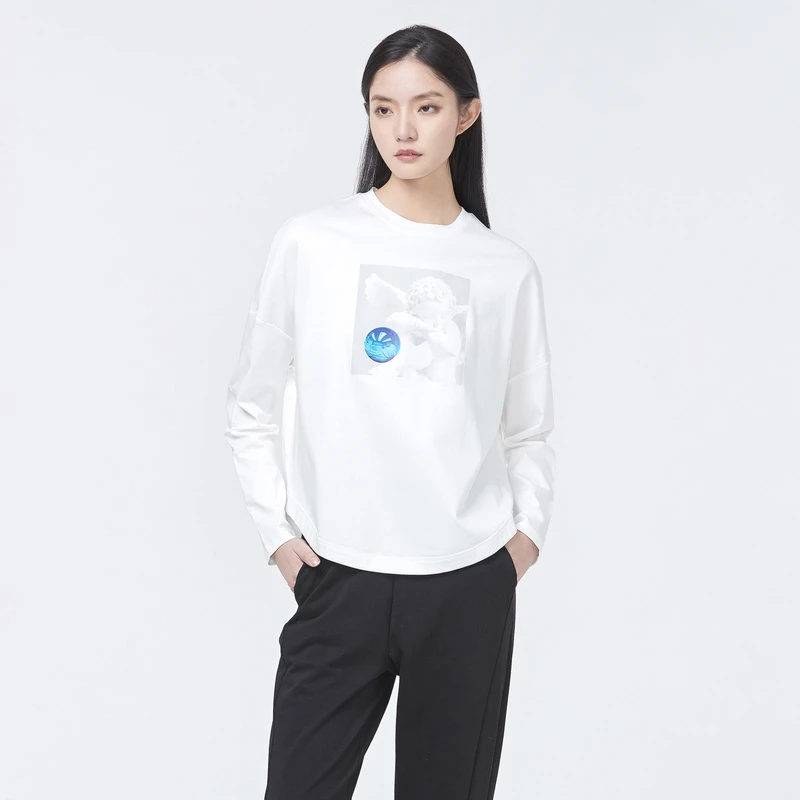 圣迪奥女装春季时尚简约百搭圆领撞色印花落肩袖通勤T恤S22180216