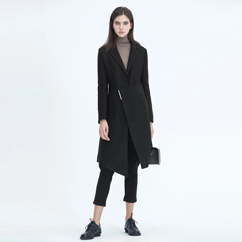 sdeer圣迪奥时尚休闲气质平驳领拼接黑色毛呢大衣外套S20481816