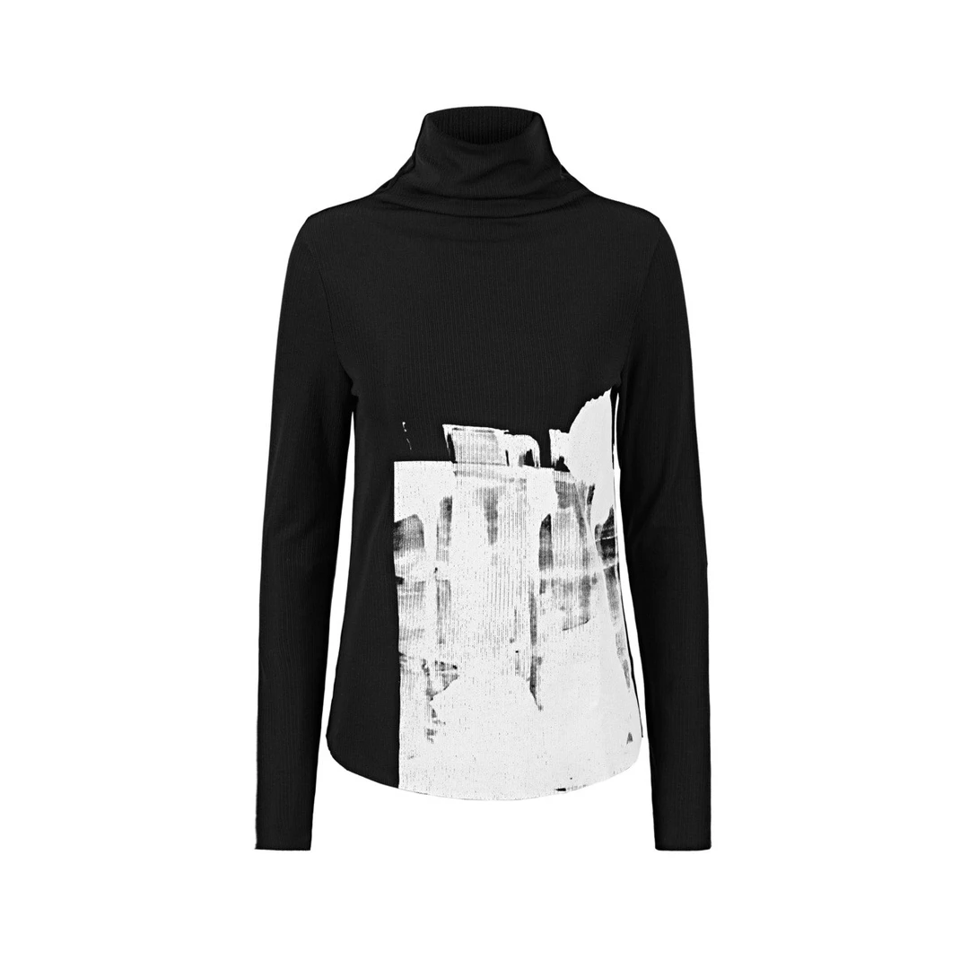 S·DEER圣迪奥女装时尚个性印花高领撞色胶印黑色针织T恤S21480203