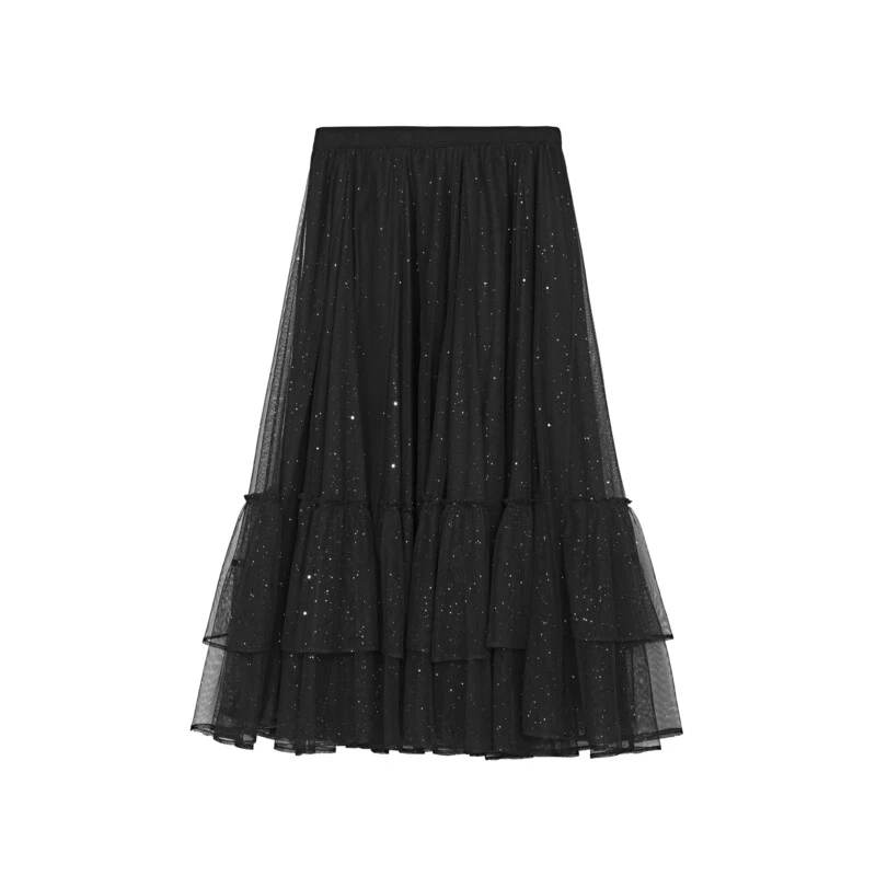 S·DEER圣迪奥黑色百搭网纱时尚通勤高腰显瘦夏季半身裙S241Z1103