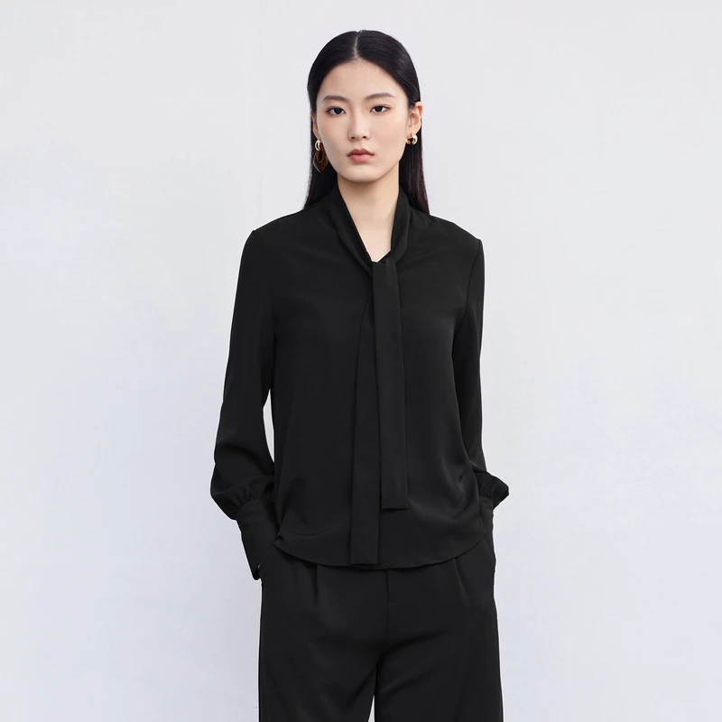 S·DEER圣迪奥女装时尚休闲系带翻领雪纺基本款长袖衬衫S223Z0564