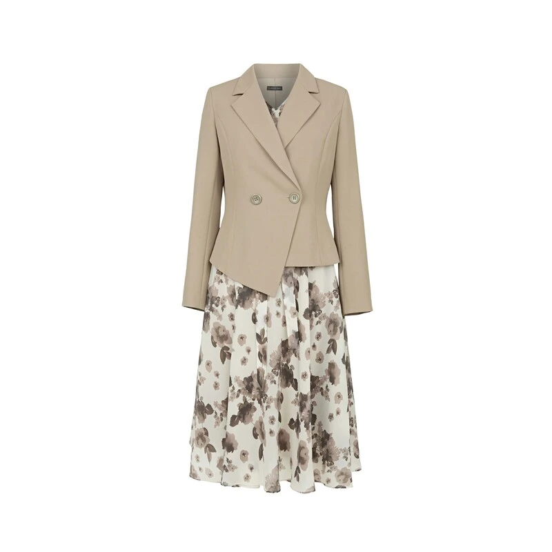 sdeer圣迪奥女装时尚气质晕染印花西装外套连衣裙套装S24181404