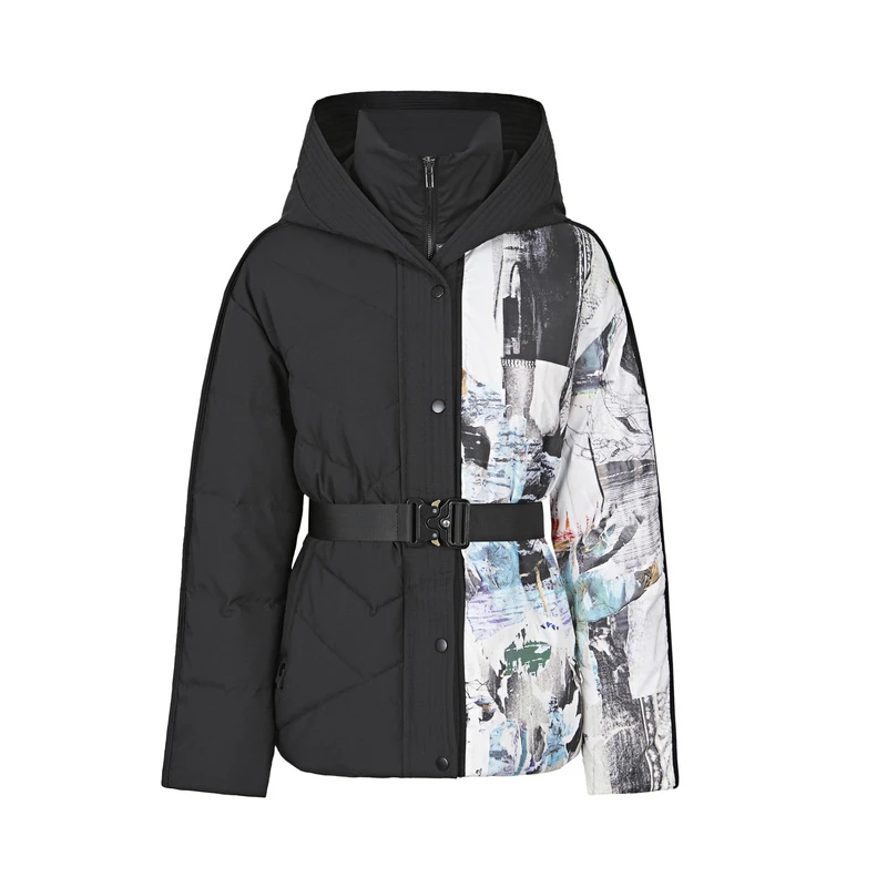 S·DEER圣迪奥女装高领连帽字母涂鸦收腰中长款羽绒服S21482457